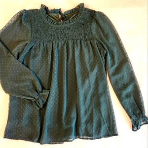 NWOT green smocked swiss dot blouse